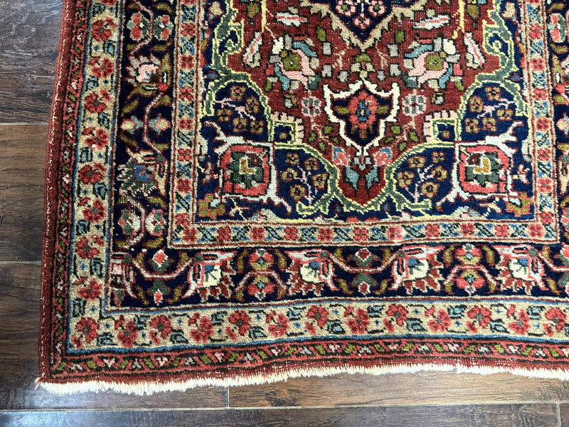 Antique Persian Tabriz Rug 3x5, Brick Red Navy Blue, Floral Medallion, Small Persian Carpet by Jewel Rugs