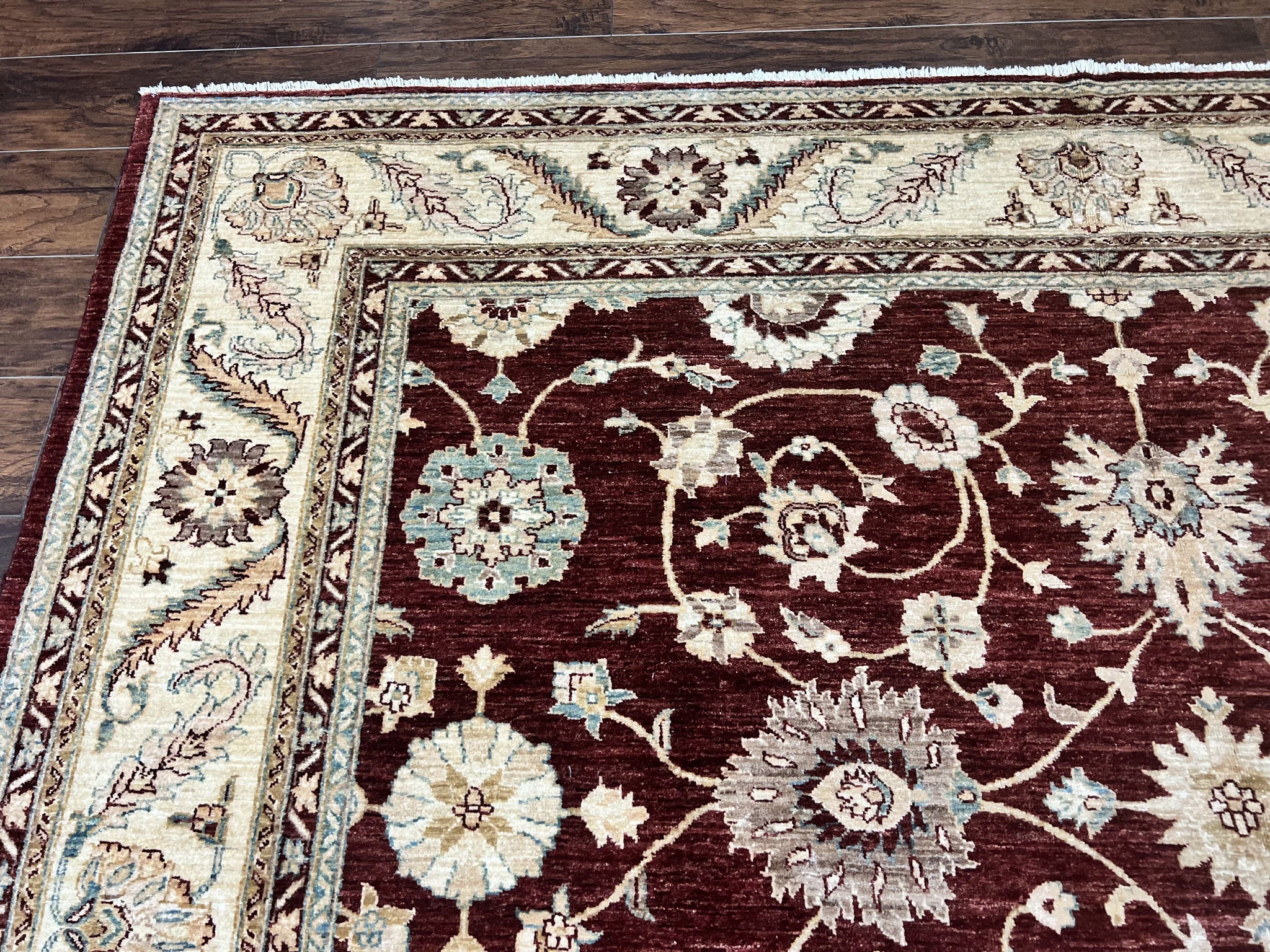 Peshawar Rug 9x11, Pakistani Oriental Carpet, Maroon and Beige, Floral Allover, Wool Hand Knotted Handmade Vintage Rug by Jewel Rugs