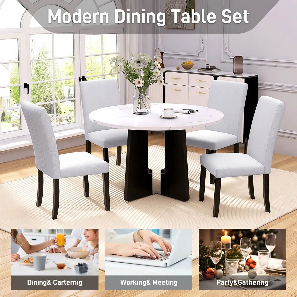 5 Piece Round Dining Table Set, Modern Dining Table And 4 Upholstered Chairs For Dining Room by Unique Piece Furniture