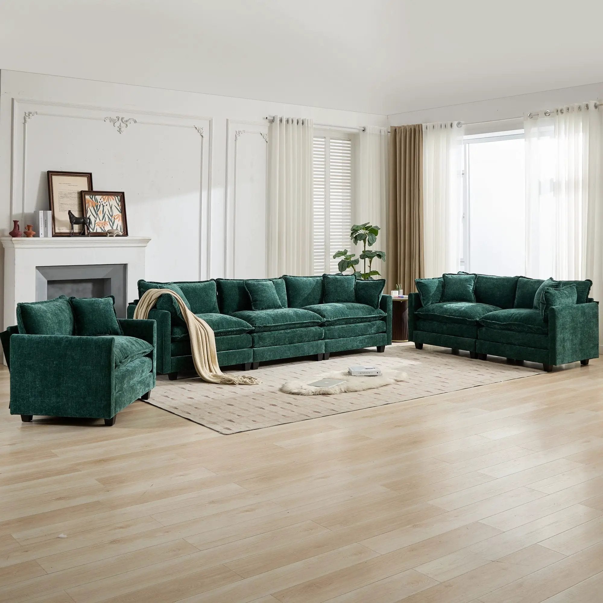 Cloud 3 Seats Sofa (Ottoman is not included) Chenille Fabric in Green by BLAKHOM