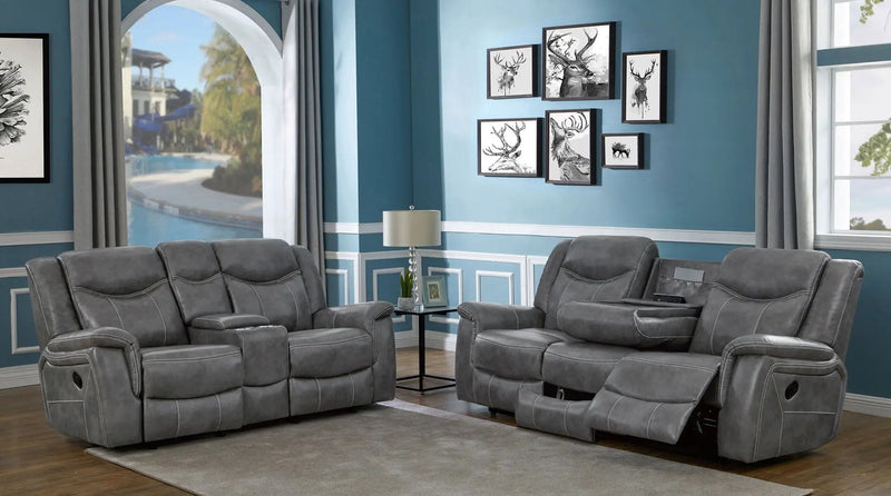 Conrad 2-piece Upholstered Padded Arm Motion Sofa Set Grey by Unique Piece Furniture