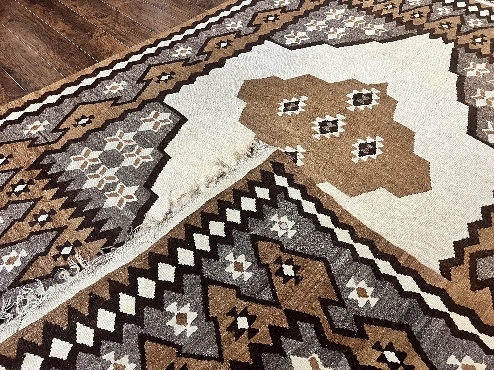 Antique Persian Fars Kilim Rug 8x11, Wool, Boho Tribal Persian Shiraz Flatweave Carpet, Semi Open Field, Geometric, Handmade, Vintage Semi Antique by Jewel Rugs