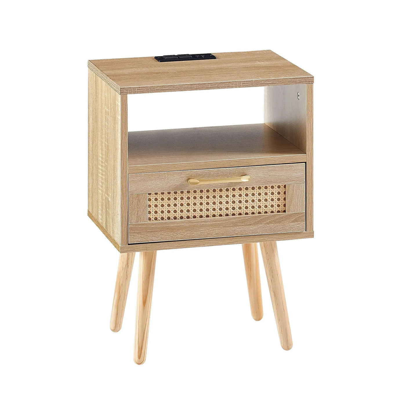 15.75" Rattan End Table With Power Outlet & USB Ports, Modern Nightstand With Drawer And Solid Wood Legs, Side Table For Living Room, Bedroom by Unique Piece Furniture