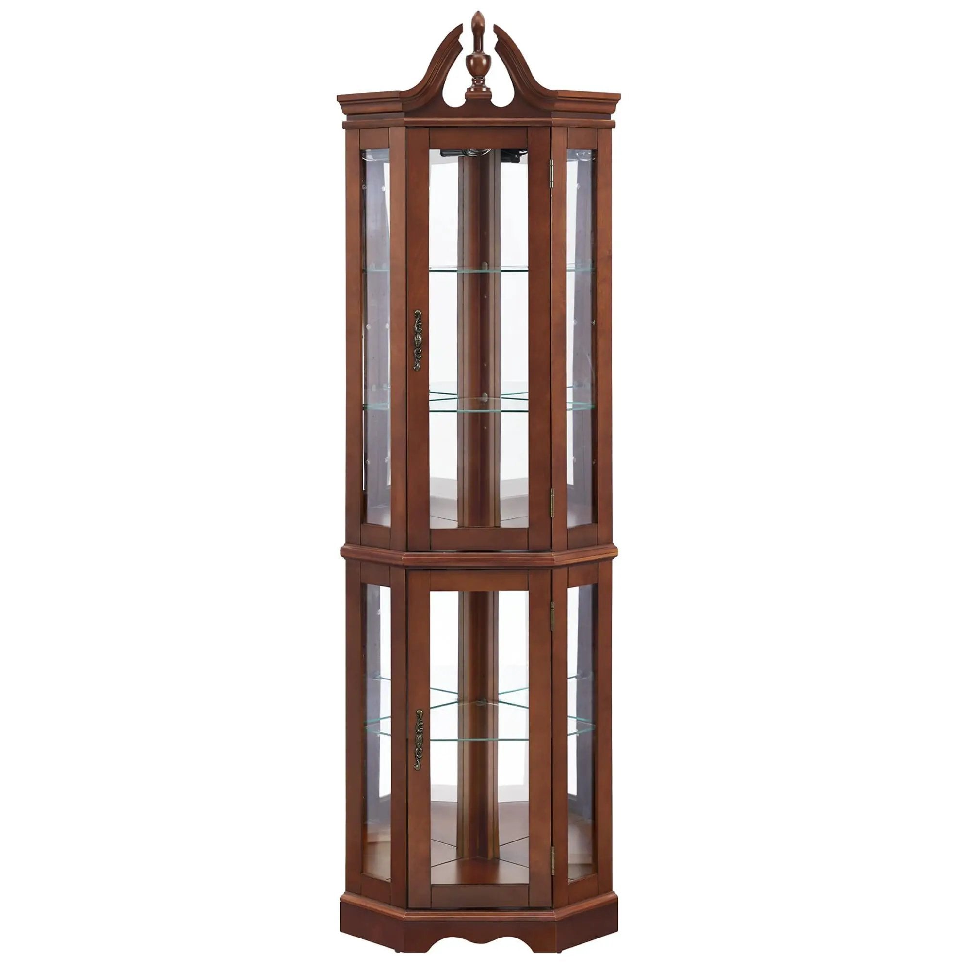Corner Curio Cabinet With Lights, Adjustable Tempered Glass Shelves, Display Cabinet (E26 Light Bulb Not Included) - Mirrored / Walnut by Unique Piece Furniture