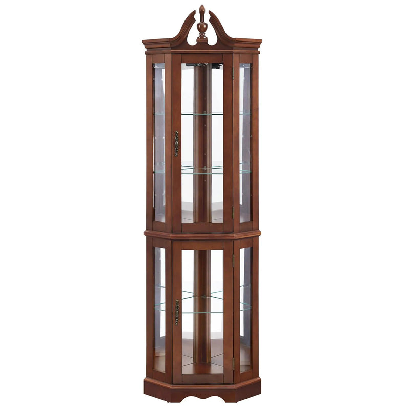 Corner Curio Cabinet With Lights, Adjustable Tempered Glass Shelves, Display Cabinet (E26 Light Bulb Not Included) - Mirrored / Walnut by Unique Piece Furniture