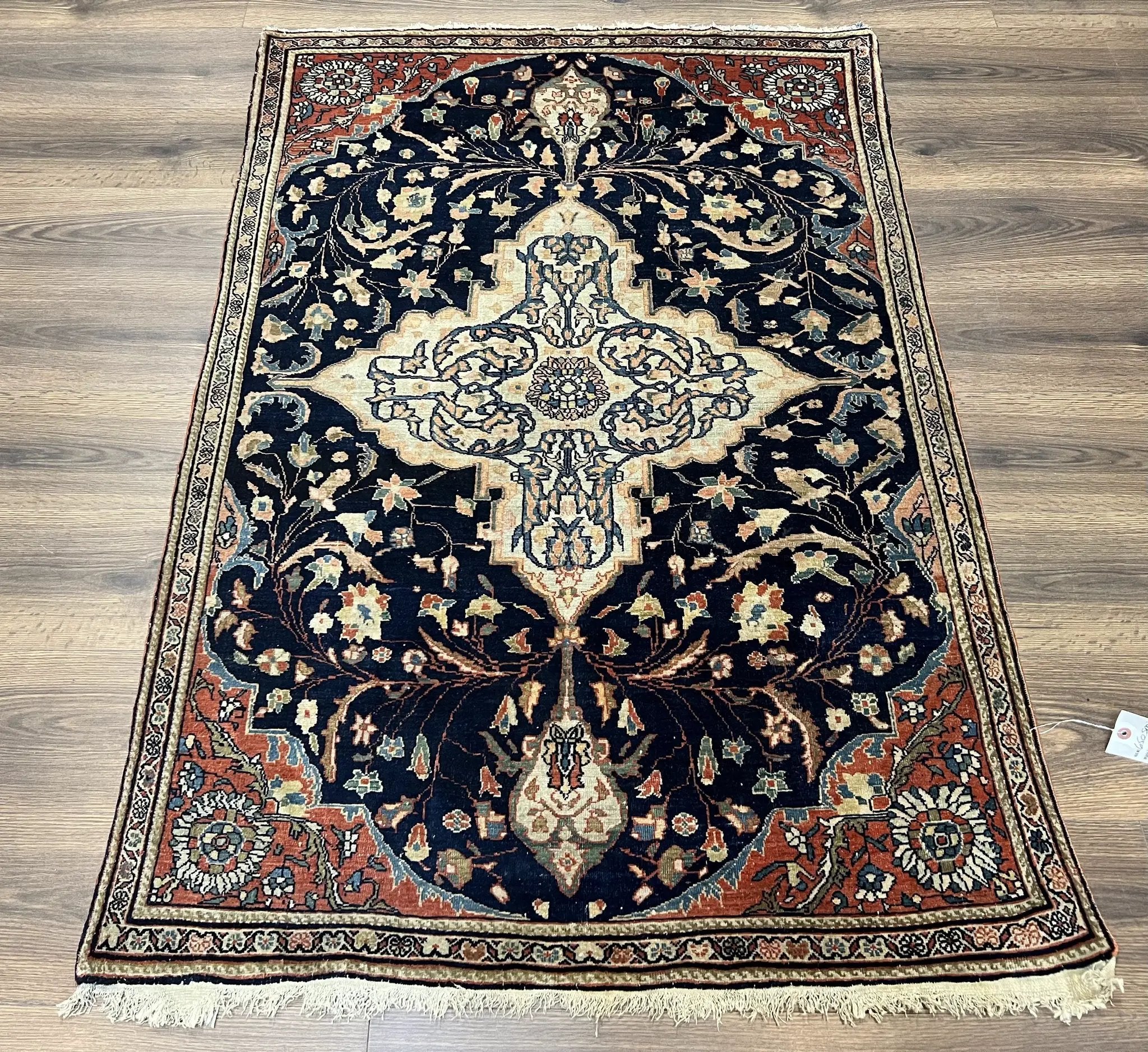 Antique Persian Rug 3.5 x 5, Sarouk Farahan Rug, High Quality 1920s Fine Oriental Carpet 3 x 5 ft, Large Medallion, Floral, Navy Blue Red, Hand Knotted Wool Rug by Jewel Rugs