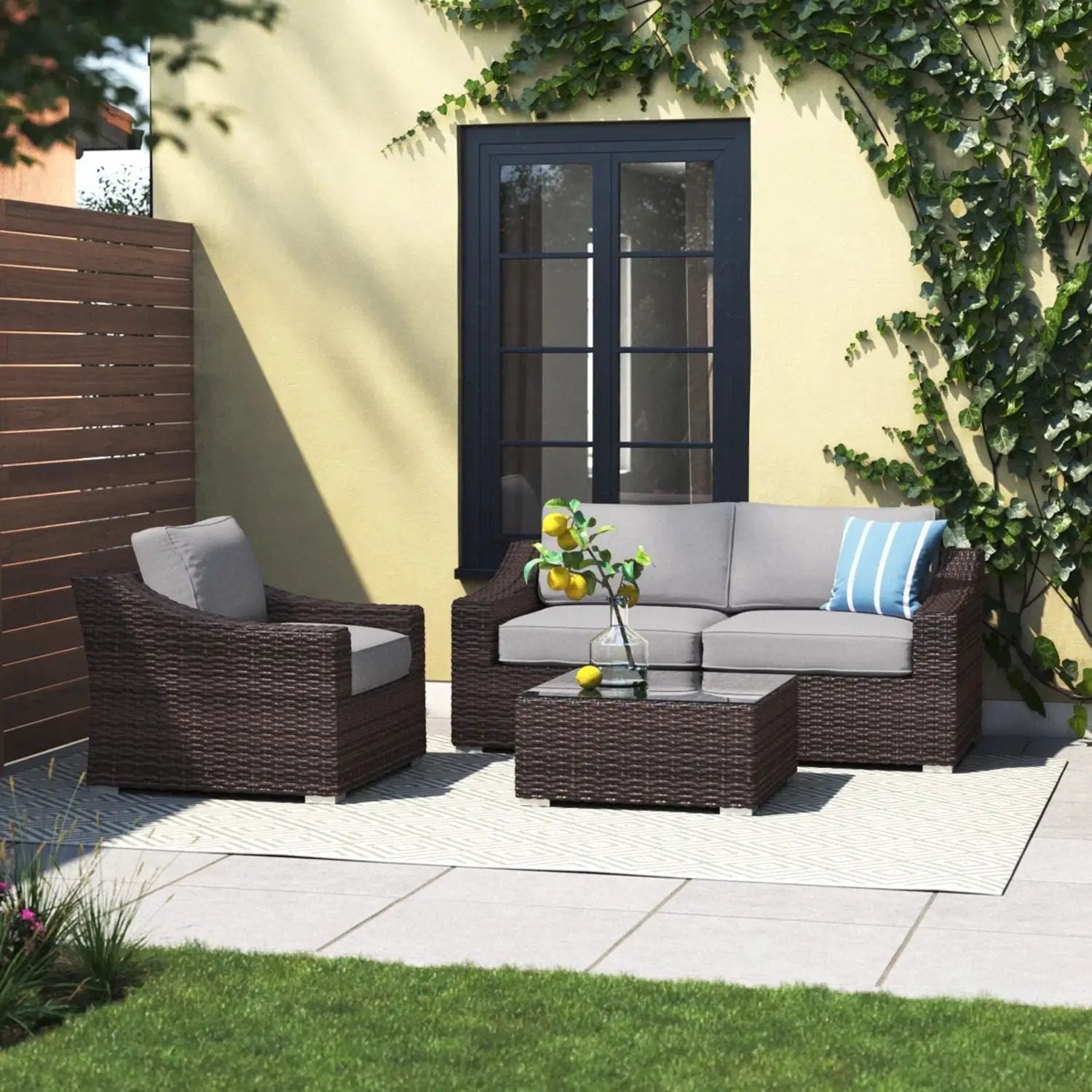 Outdoor Wicker Conversation Set With Cushions, All Weather by Unique Piece Furniture