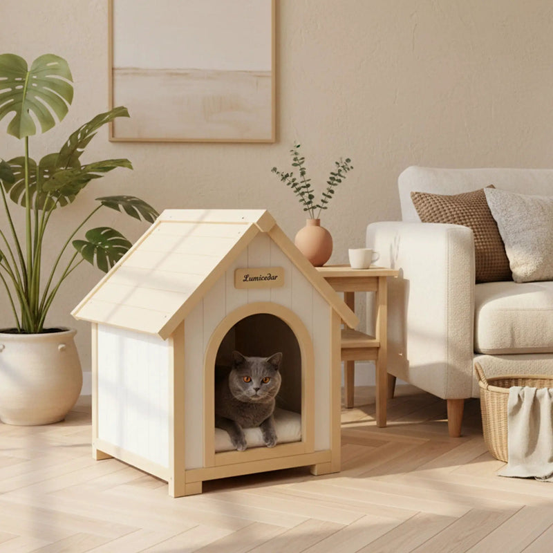 Indoor Dog House With Cushion Pet House For Small Dogs & Cats - Creamy White / Light Yellow by HouseOfZazla