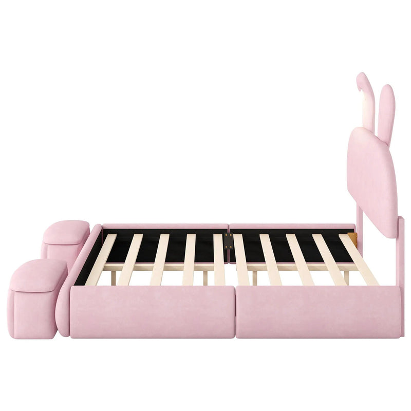 Full Upholstered Platform Bed With Cartoon Ears Headboard And LED Light - Pink by HouseOfZazla