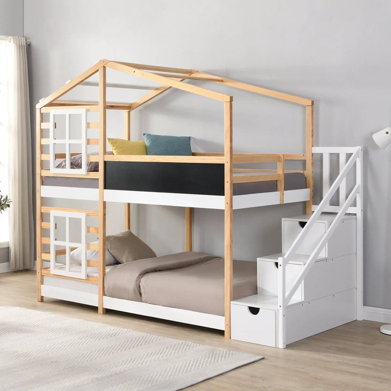 Twin Over Twin Bunk Bed House Bed With Roof and Storage