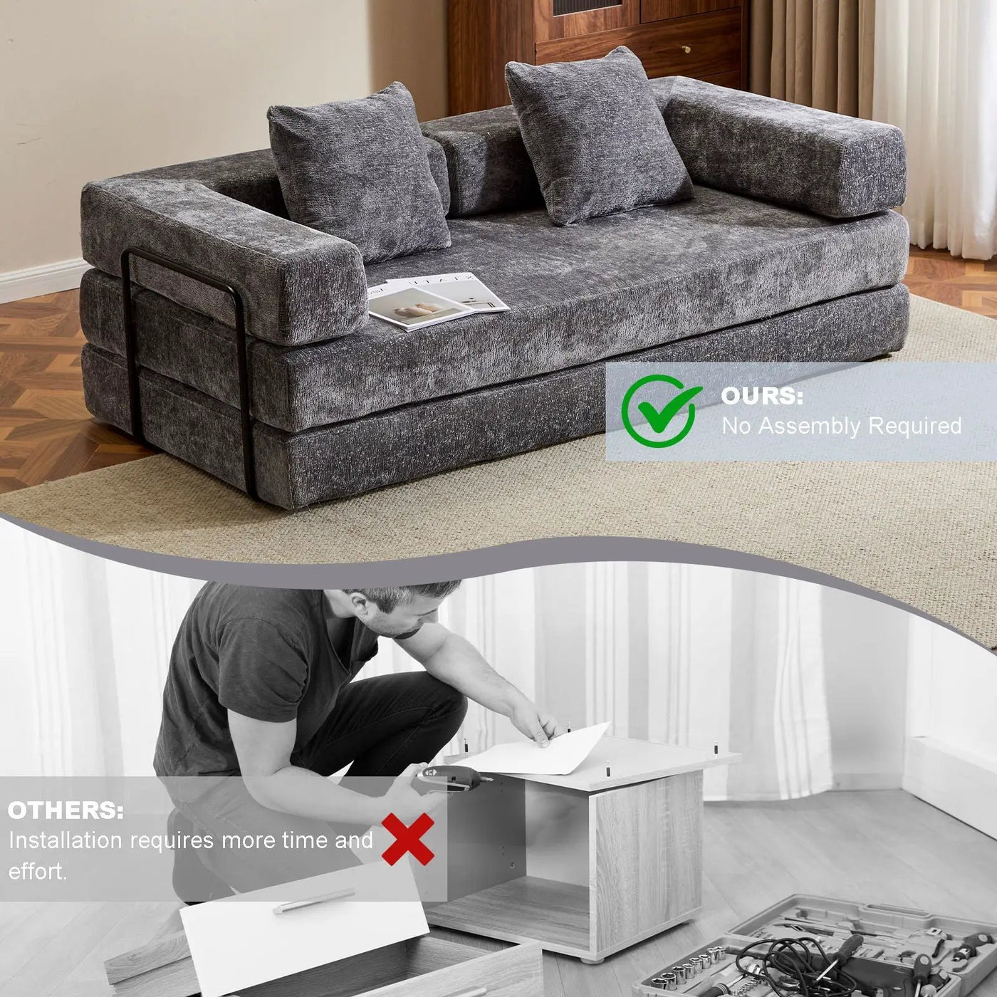 Convertible Floor Sofa Bed With Pillow Back Support Armrest by Unique Piece Furniture