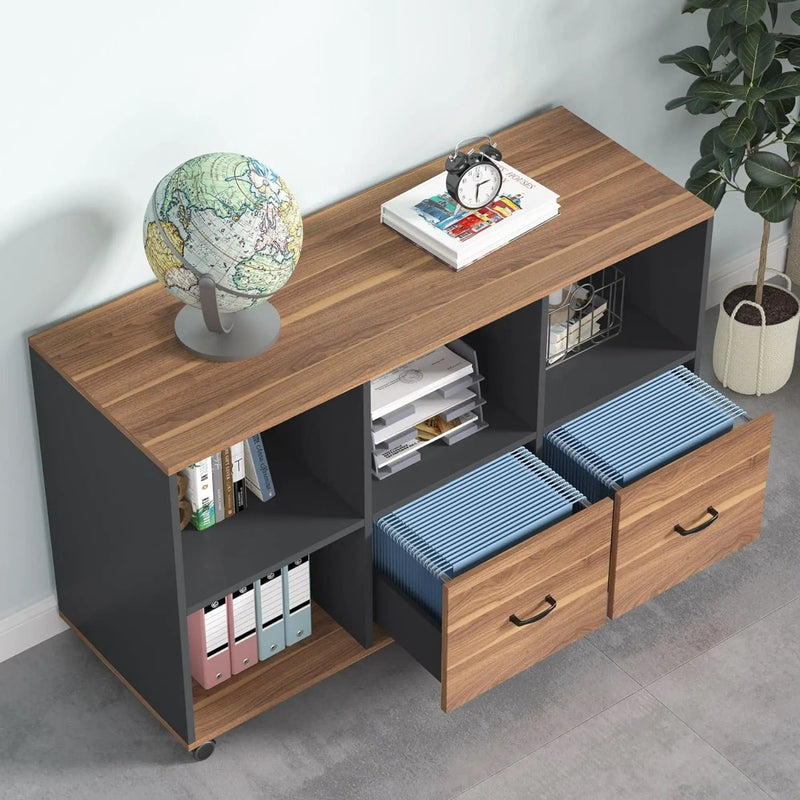 L-Shaped Executive Desk With Mobile File Cabinet, Large Home Office Workstation With Drawers And Shelves - Brown / Black by HouseOfZazla