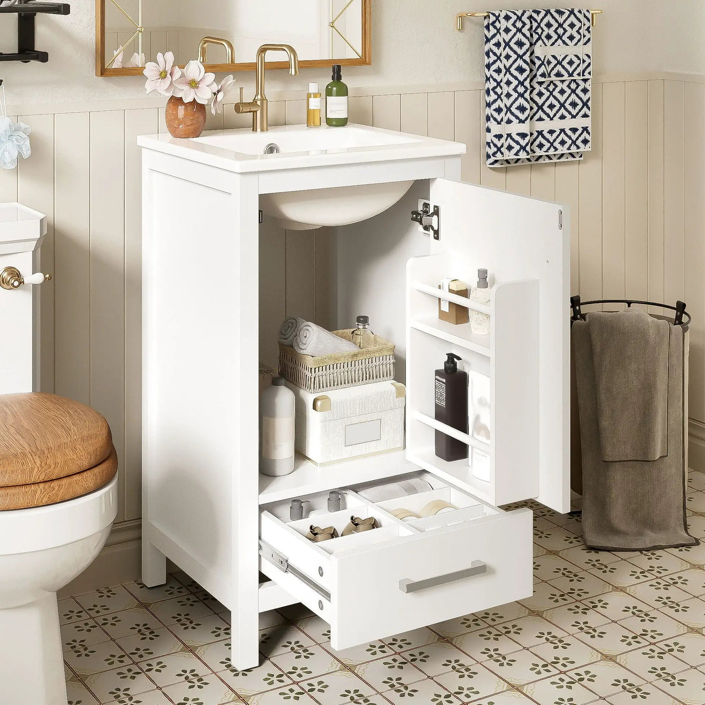 Bathroom Vanity With Ceramic Sink, Soft Close Drawers, Door Organizer, Divider Drawer, Adjustable Foot Pads by Unique Piece Furniture