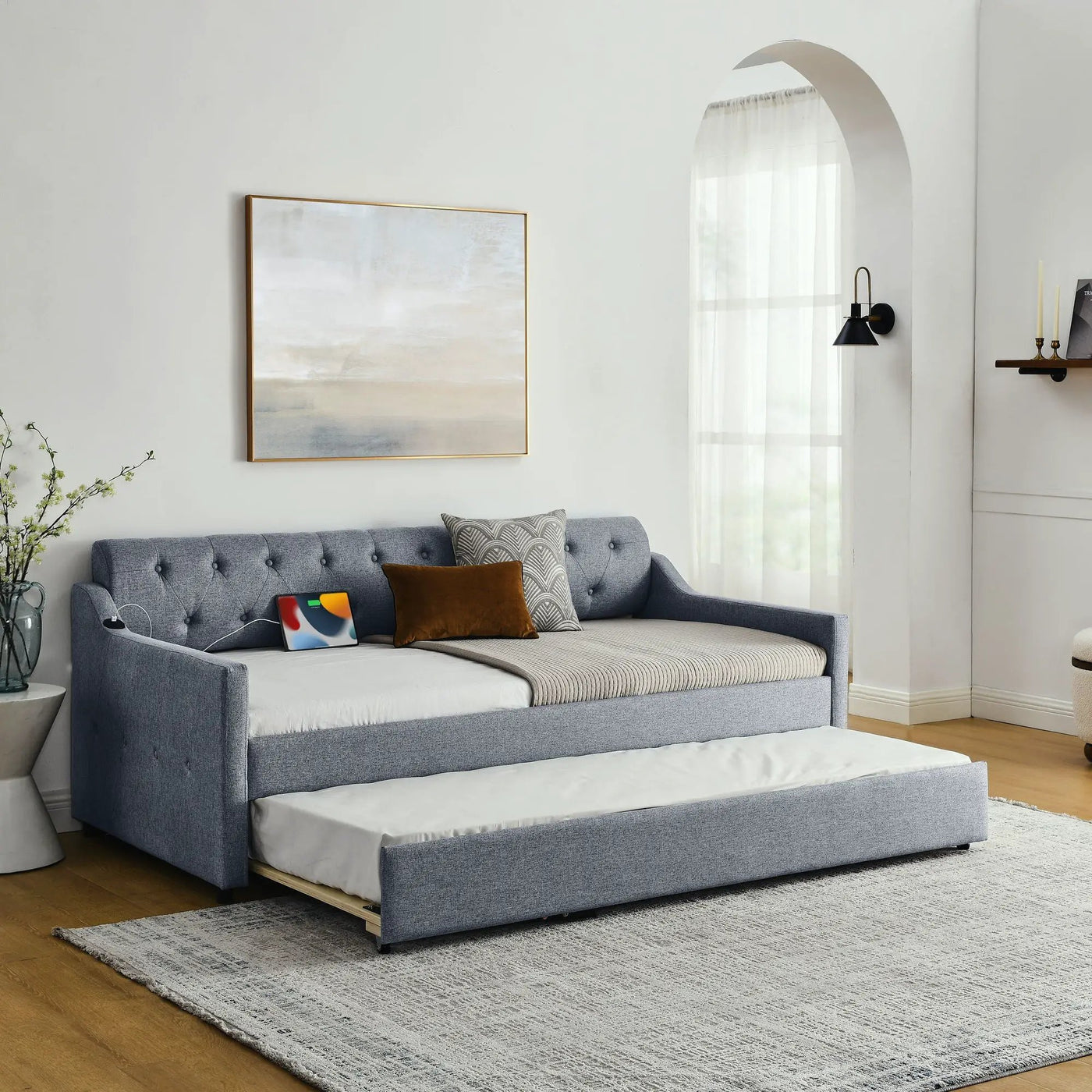 Size Upholstered Daybed With Trundle And USB Charging Armrest by Unique Piece Furniture
