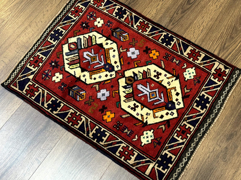 Small Persian Tribal Rug, Red and Ivory, Baluch Rug by Jewel Rugs