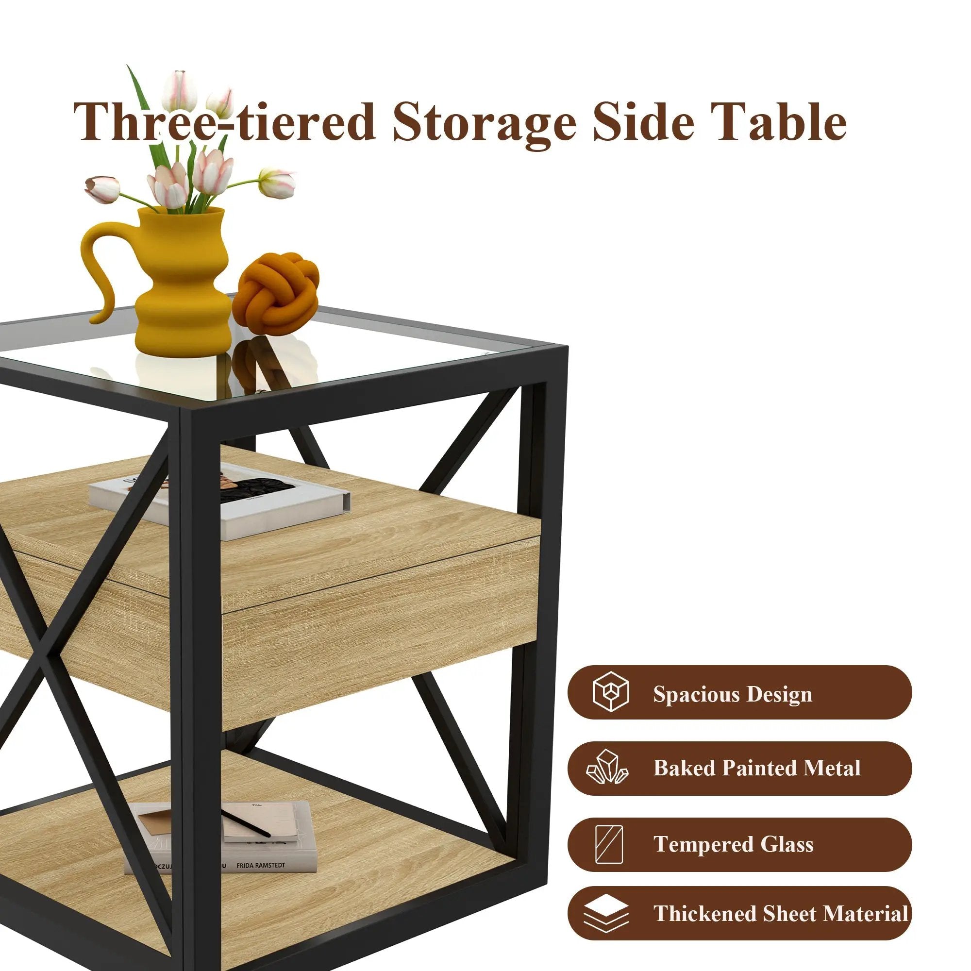 1 Piece Modern End Table with Drawer - Natural Wood & Tempered Glass by HouseOfZazla