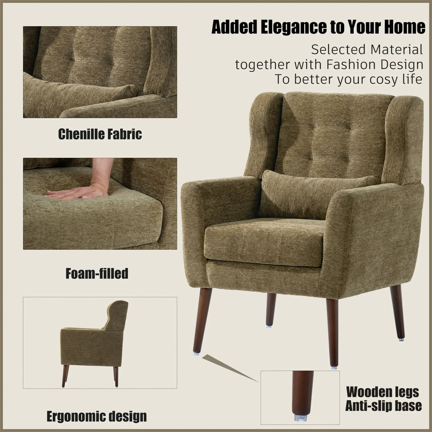 Modern Accent Chair, Arm Chairs For Living Room, Upholstered Mordern Armchair, Comfy Soft Padded Lounge Chair In Small Space, Bedroom, With Pillow, Solid Wood Leg by HouseOfZazla