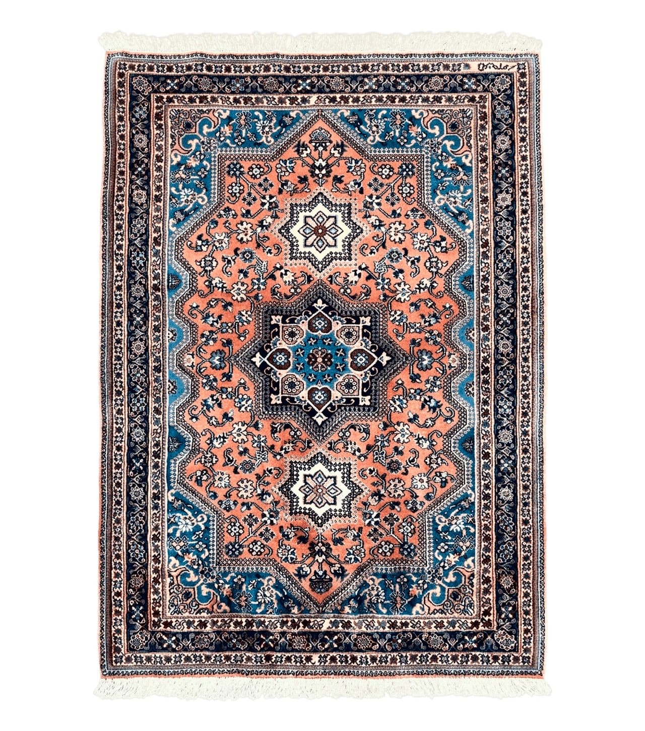 Persian Shiraz Rug 3x5, Geometric Tribal Rug, Wool Hand Knotted Vintage Carpet, Light Red & Blue, Signed by Masterweaver by Jewel Rugs