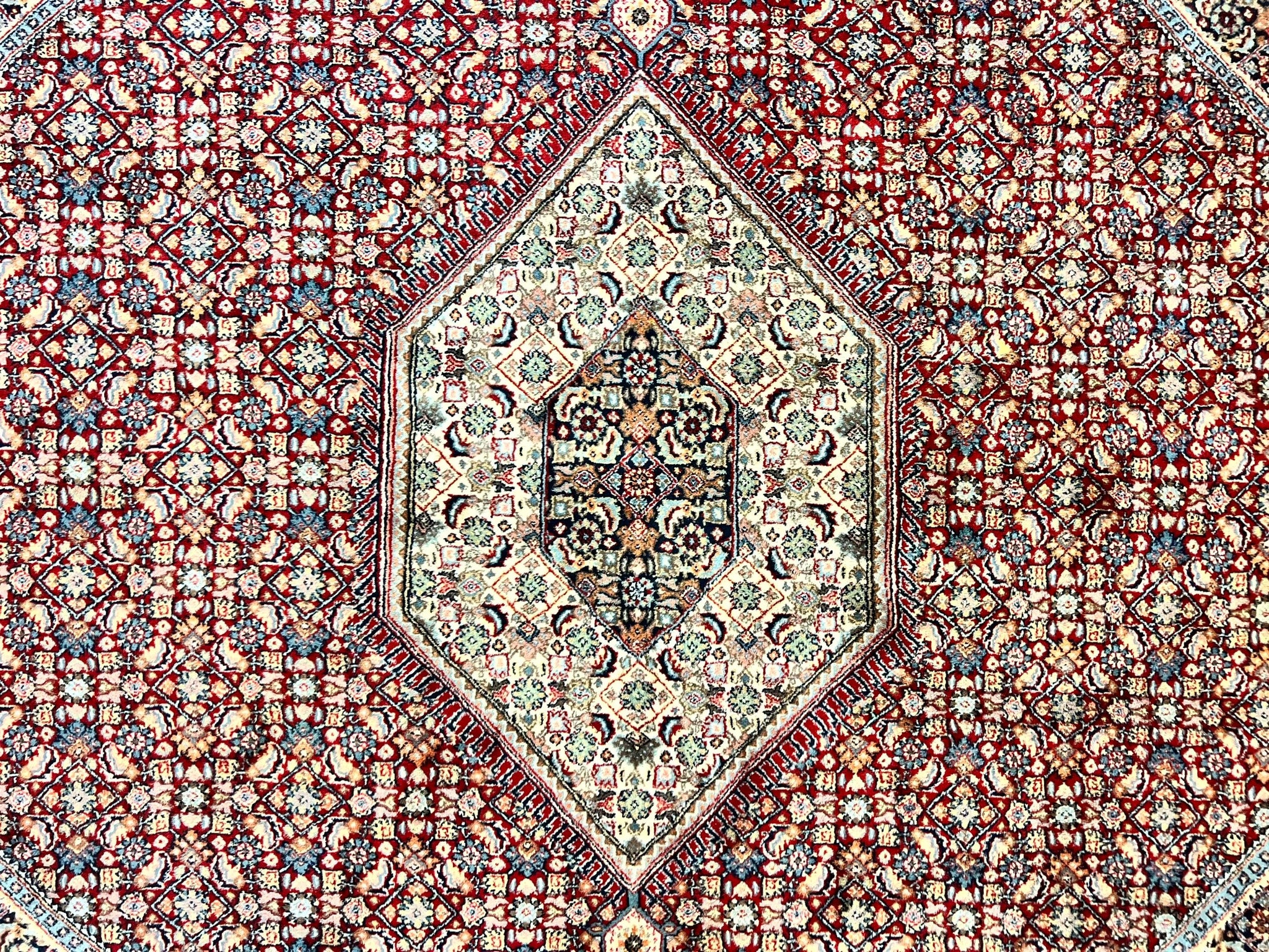 Square Indo Persian Bidjar Rug 10x10, Red, Handmade Vintage Wool Carpet by Jewel Rugs