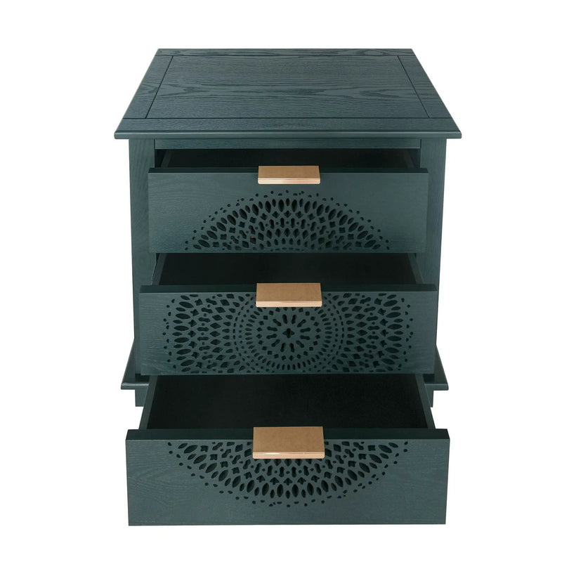 Hollow Carved 3 Drawer Dresser With Metal Handles, Storage Chest For Living Room Or Bedroom - Blackish Green by HouseOfZazla