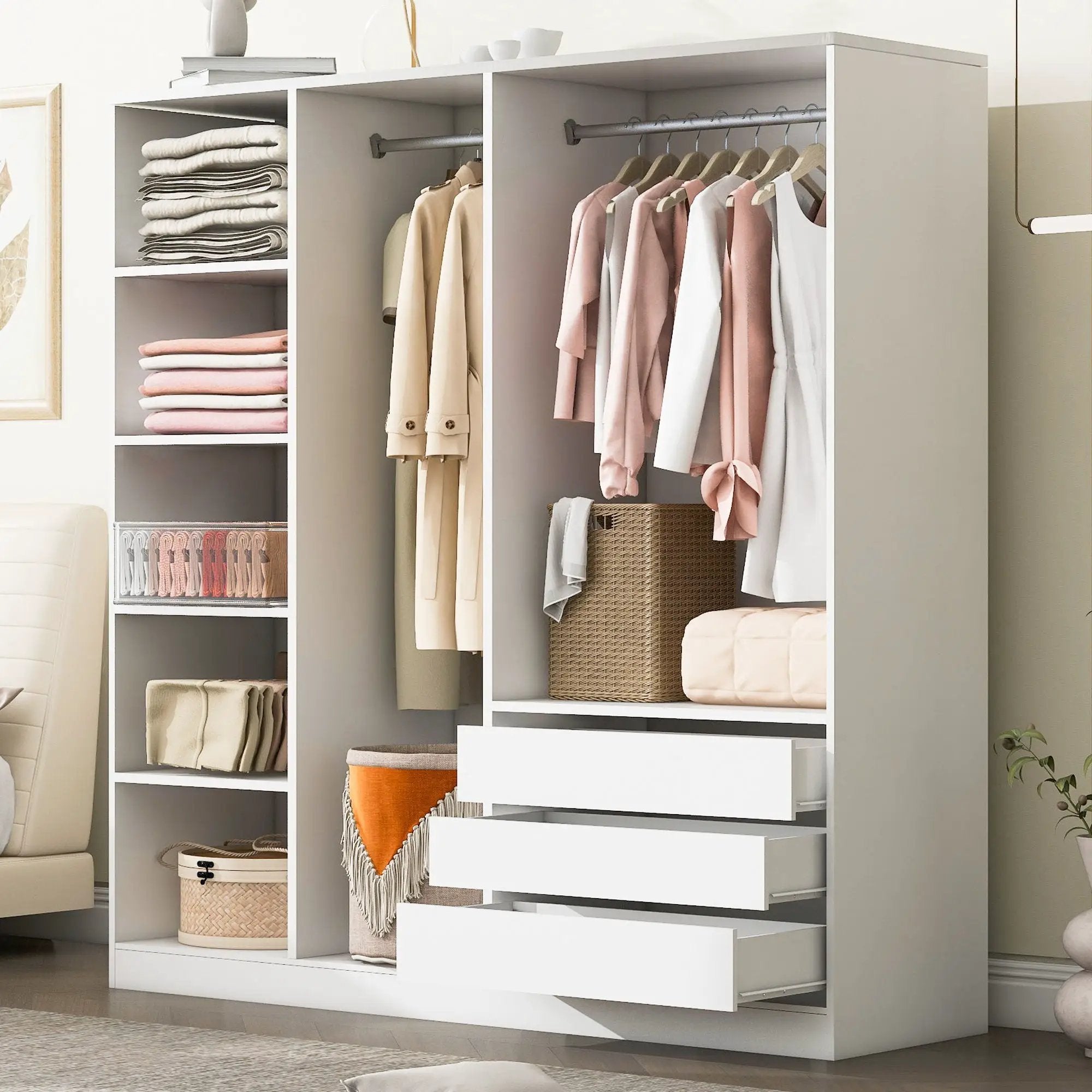 Doorless Storage Wardrobe For Dedroom With Shelves And 3 Drawers by Unique Piece Furniture