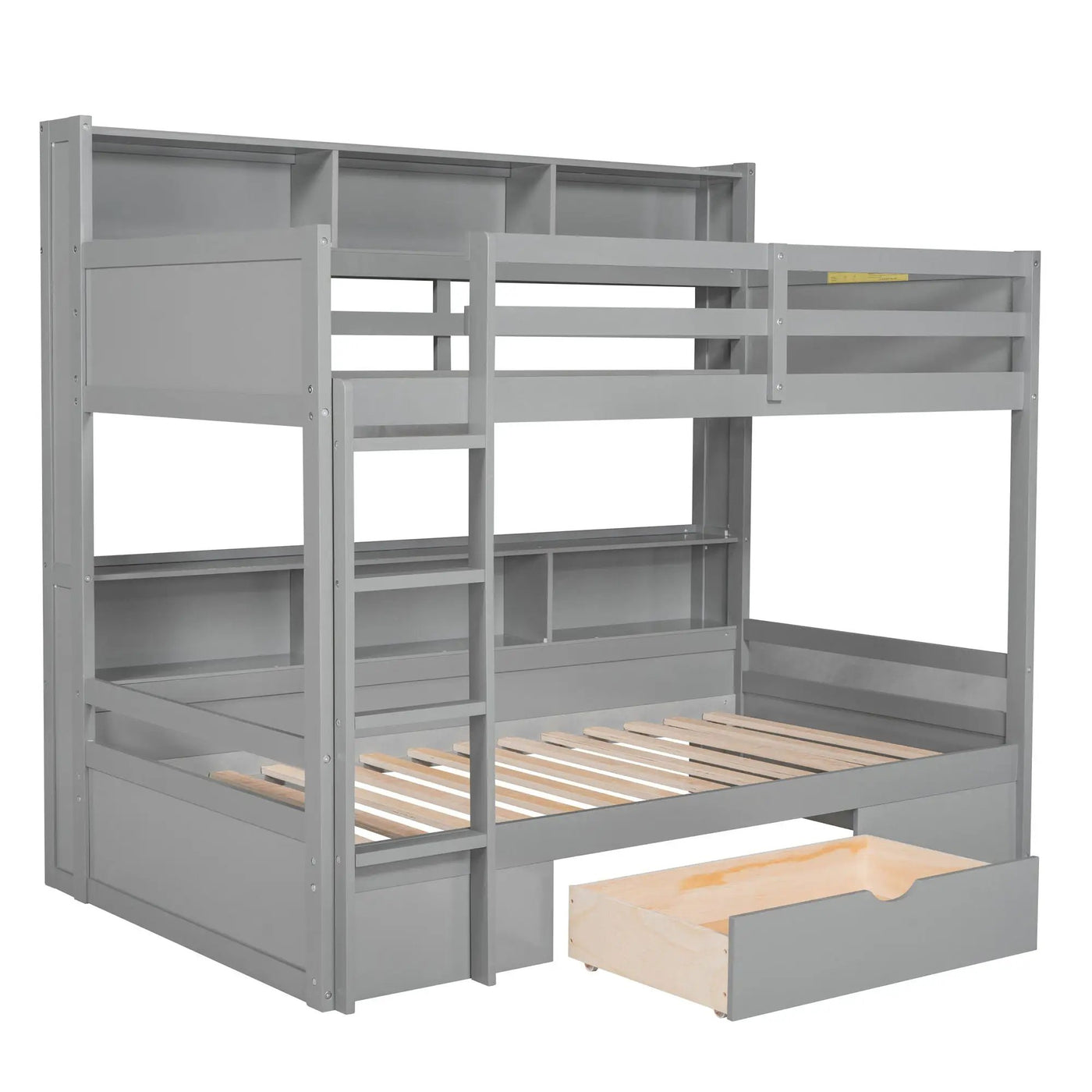 Twin Size Bunk Bed With Built-In Shelves Beside Both Upper And Down Bed And Storage Drawer by HouseOfZazla