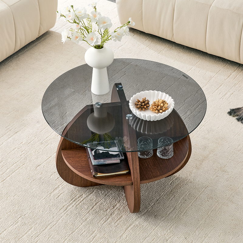 Creative Cross-Structure Round Coffee Table with Glass Top by HouseOfZazla