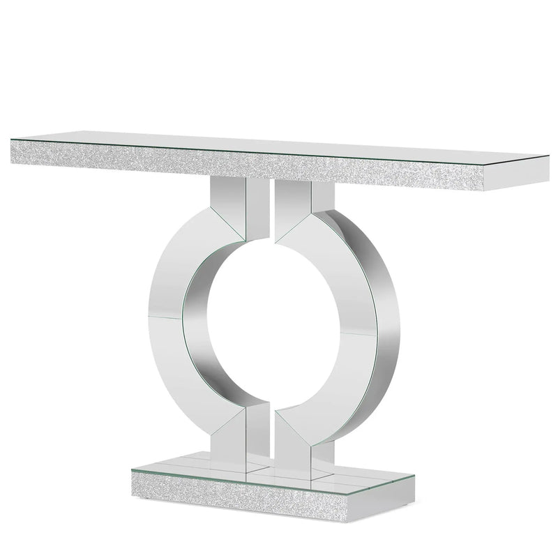 Mirrored Console Table With O-Shaped Base For Living Hallway - Silver / Clear by HouseOfZazla