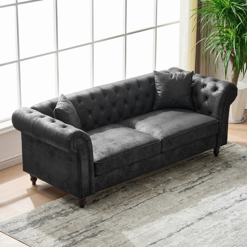 Chesterfield Sofa, High Tech Fabric Roll Armrest, 3 Seater Mid Century Modern Couch - Black by HouseOfZazla