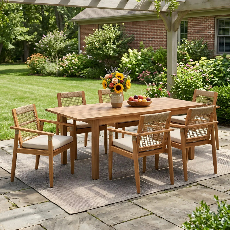 7 Pieces Acacia Wood Outdoor Dining Set with Cushions by HouseOfZazla