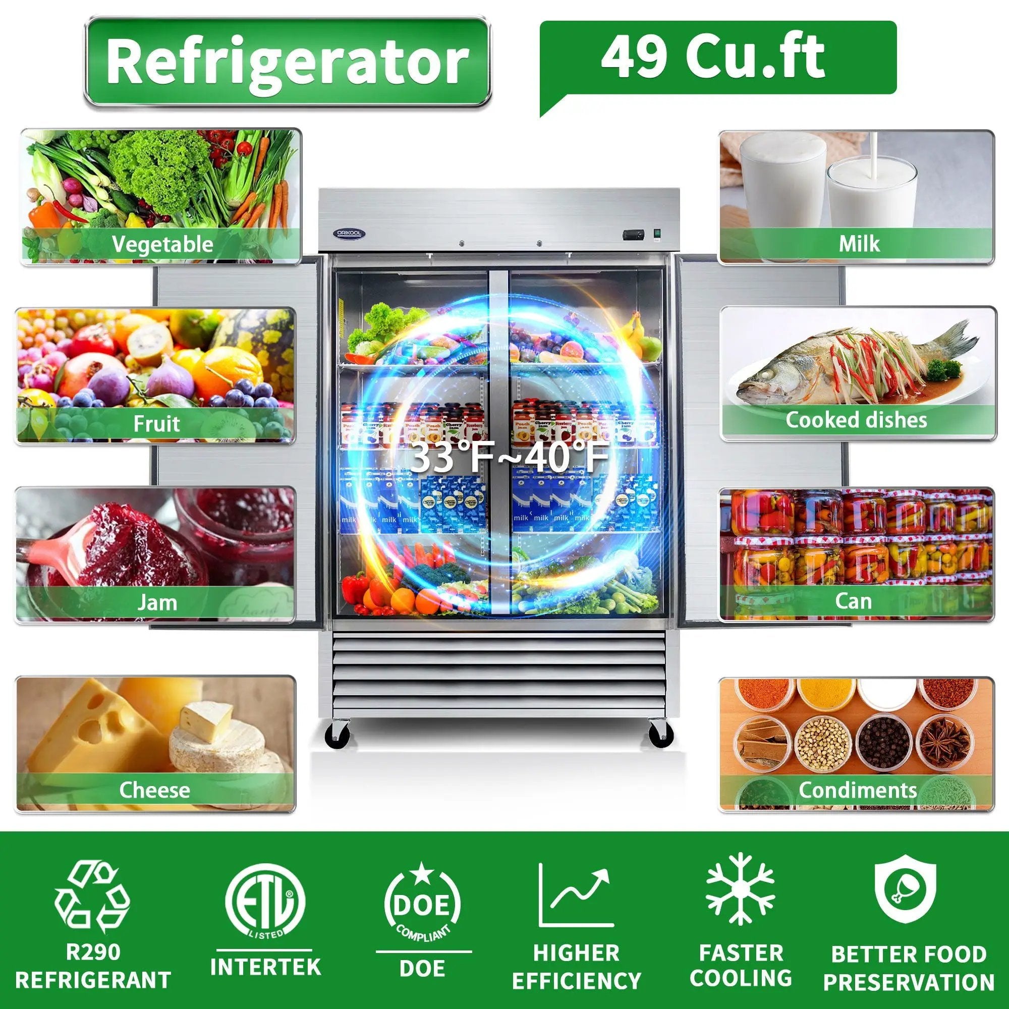 54" Commercial Refrigerator 49 Cu.Ft With 2 Solid Door Reach-In Refrigerators Stainless Steel Etl Approved Upright Fridge Storage - Silver by HouseOfZazla