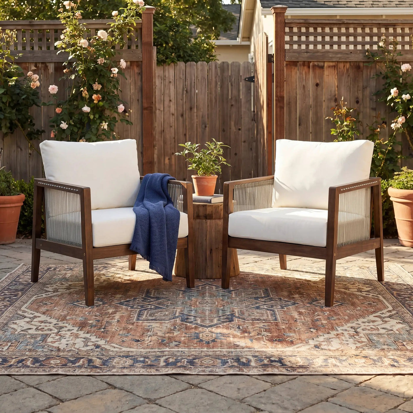Outdoor Club Chairs (Set of 2), Acacia Wood Frame with Rope Back, Water-Repellent by HouseOfZazla