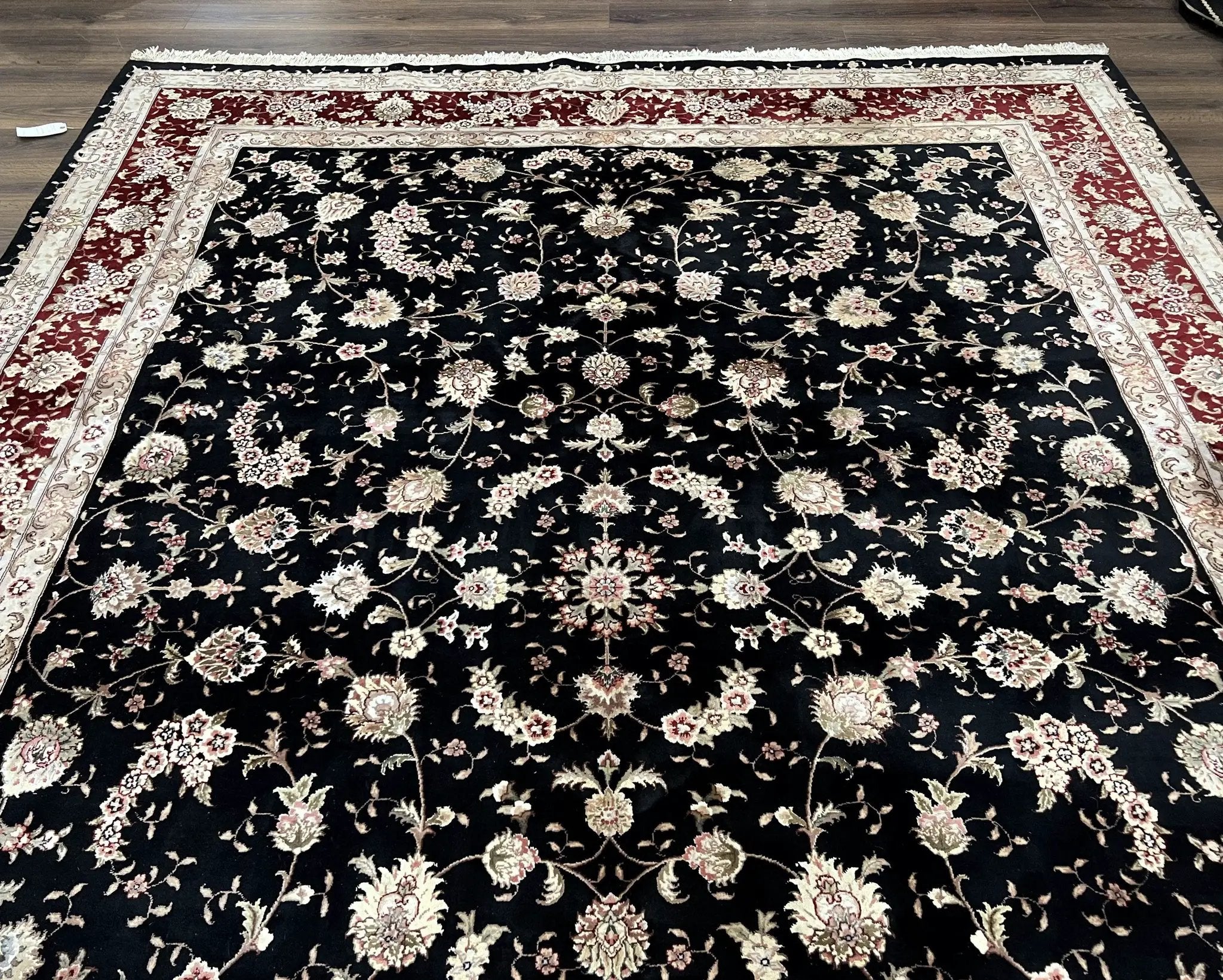 Sino Persian Rug 9x12, High Quality Oriental Carpet, Black and Maroon, Wool and Silk, Allover Floral Pattern, Hand Knotted, Vintage Rug Nice by Jewel Rugs