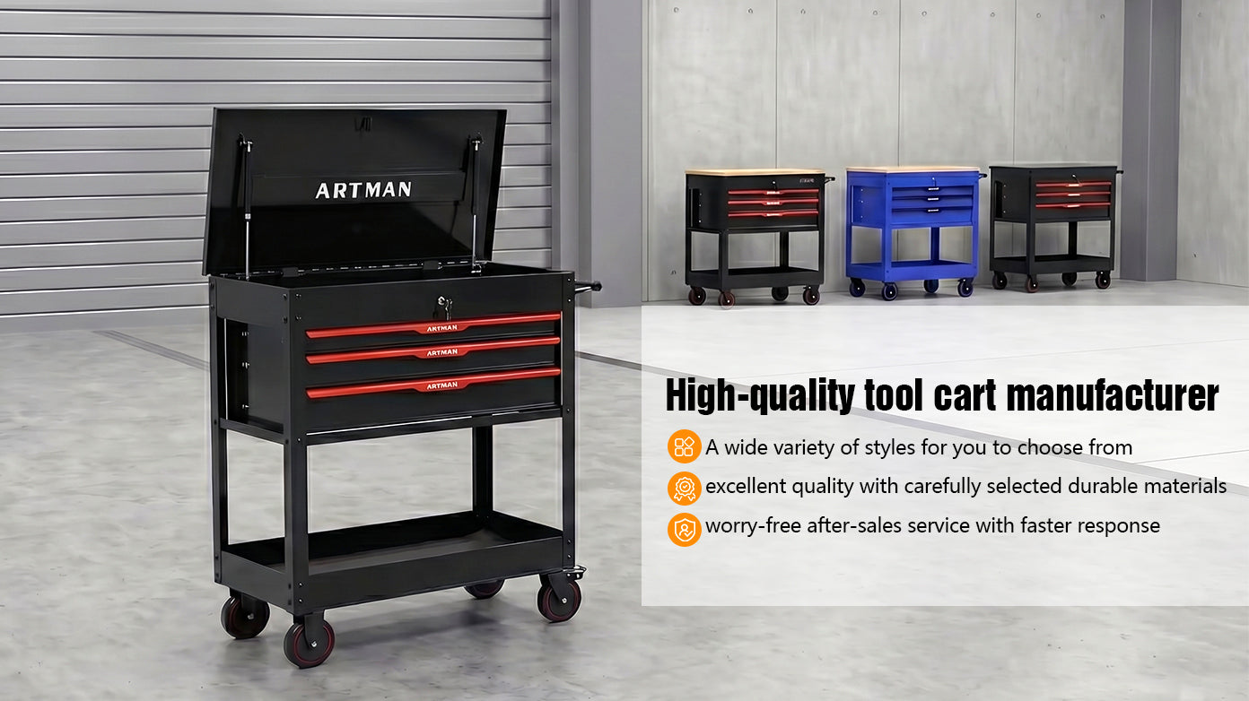 3 Drawers Multifunctional Tool Cart with Wheels and Steel Top - Black & Red by HouseOfZazla