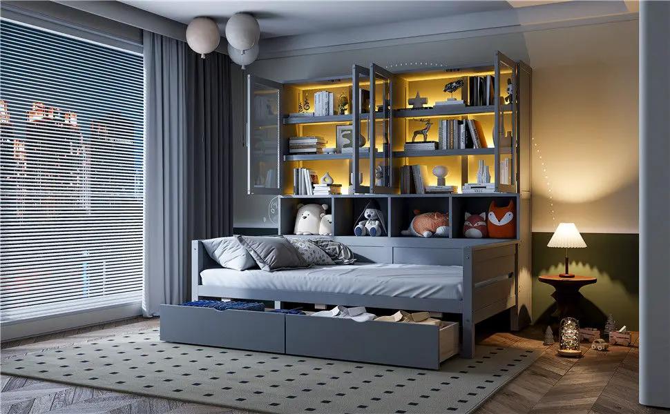 Daybed With Glass Door Storage Cabinets, Built In LED Lighting And Shelves by HouseOfZazla