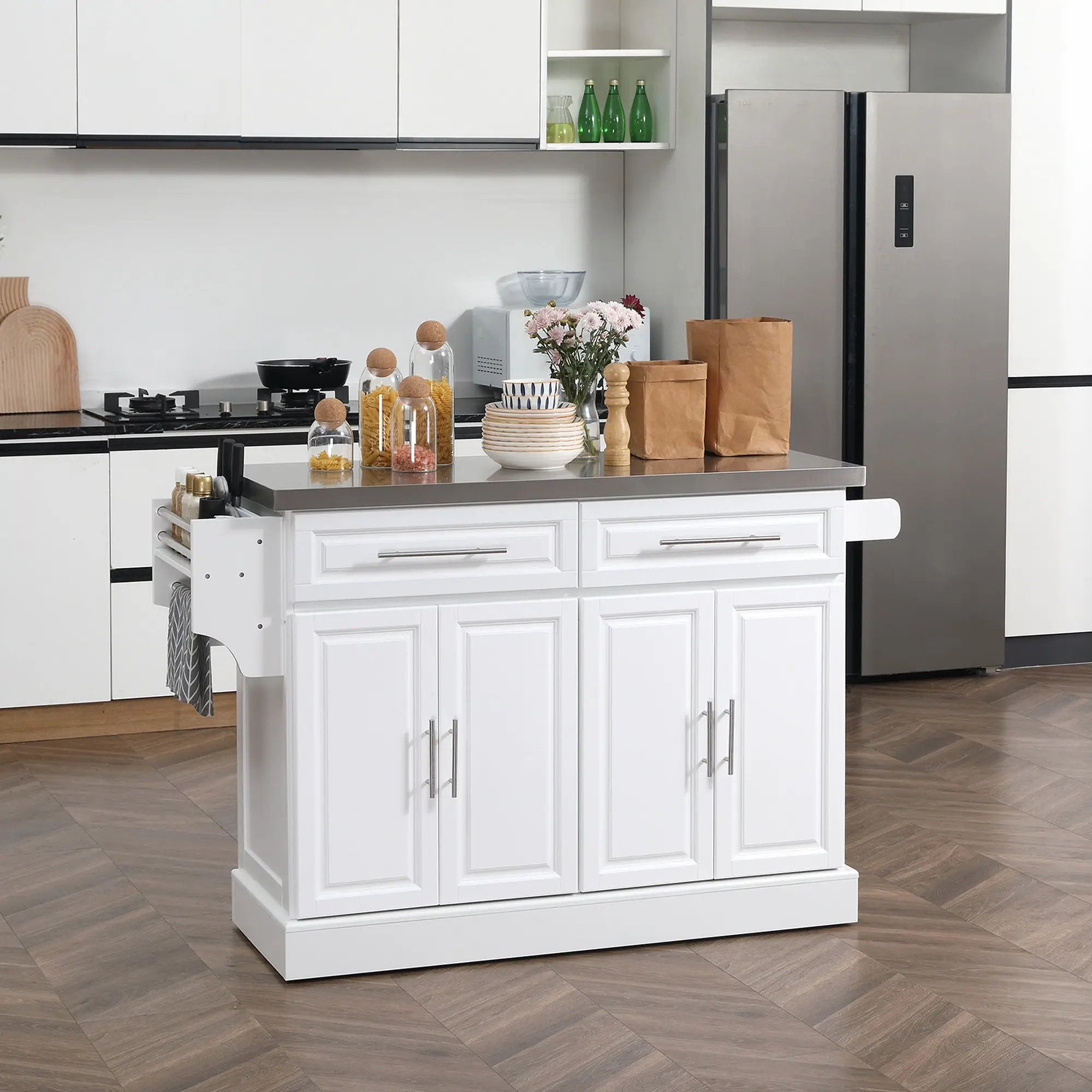 Homcom - Rolling Kitchen Island With Storage, Portable Kitchen Cart With Stainless Steel Top, 2 Drawers, Spice, Knife And Towel Rack And Cabinets by Unique Piece Furniture