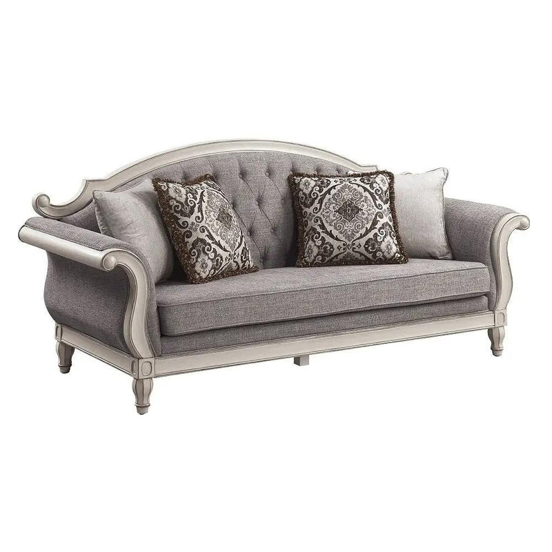 Florian - Sofa With 4 Pillows - Gray Fabric & Antique White by Unique Piece Furniture