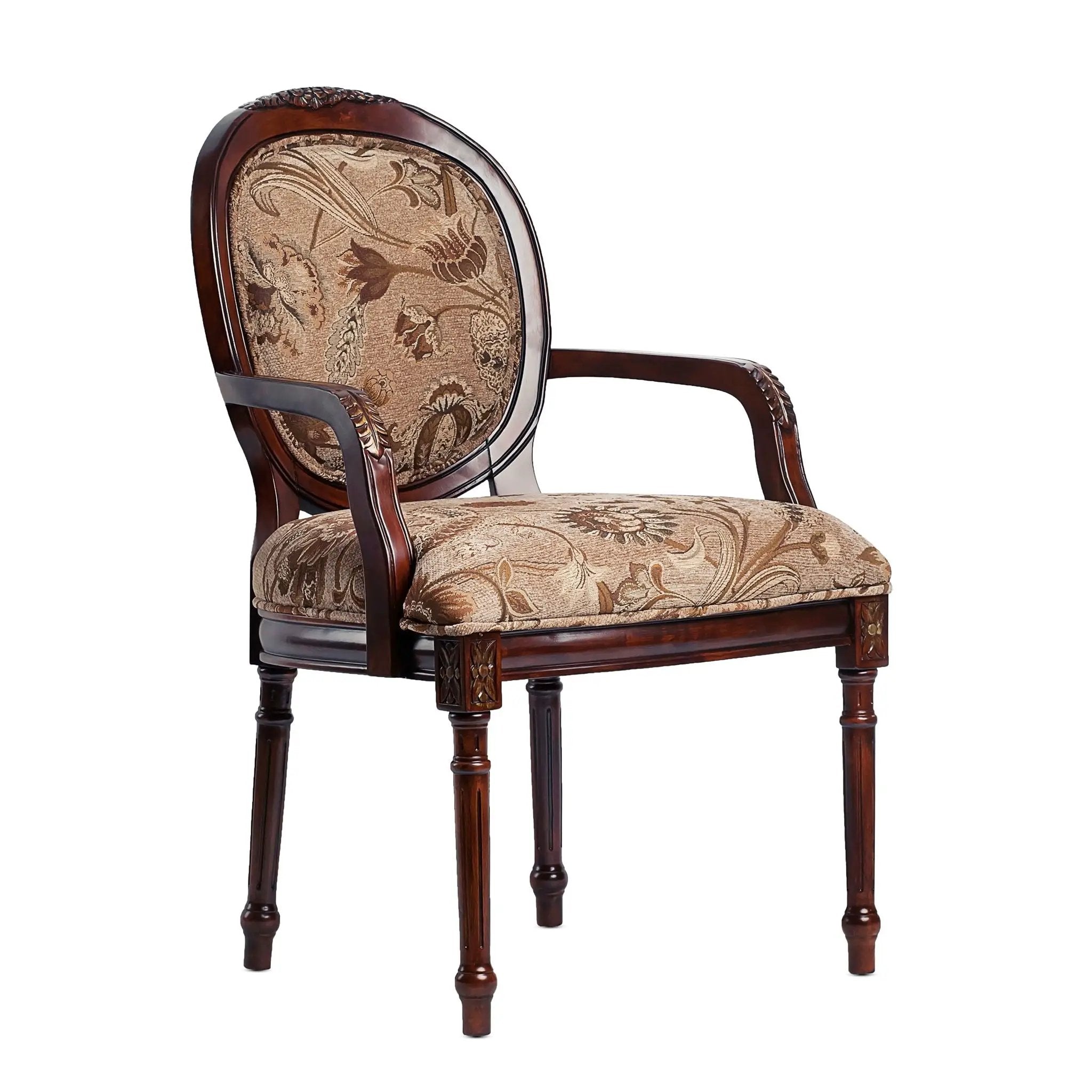 Bernice - Oval Back Chair With Floral Carvings - Brown / Beige Gray by HouseOfZazla