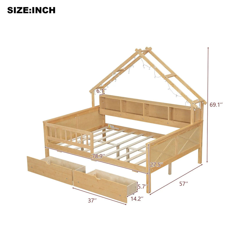 House Style Platform Bed With LED Lights, Storage Shelves, Drawers, And Guardrail by Unique Piece Furniture