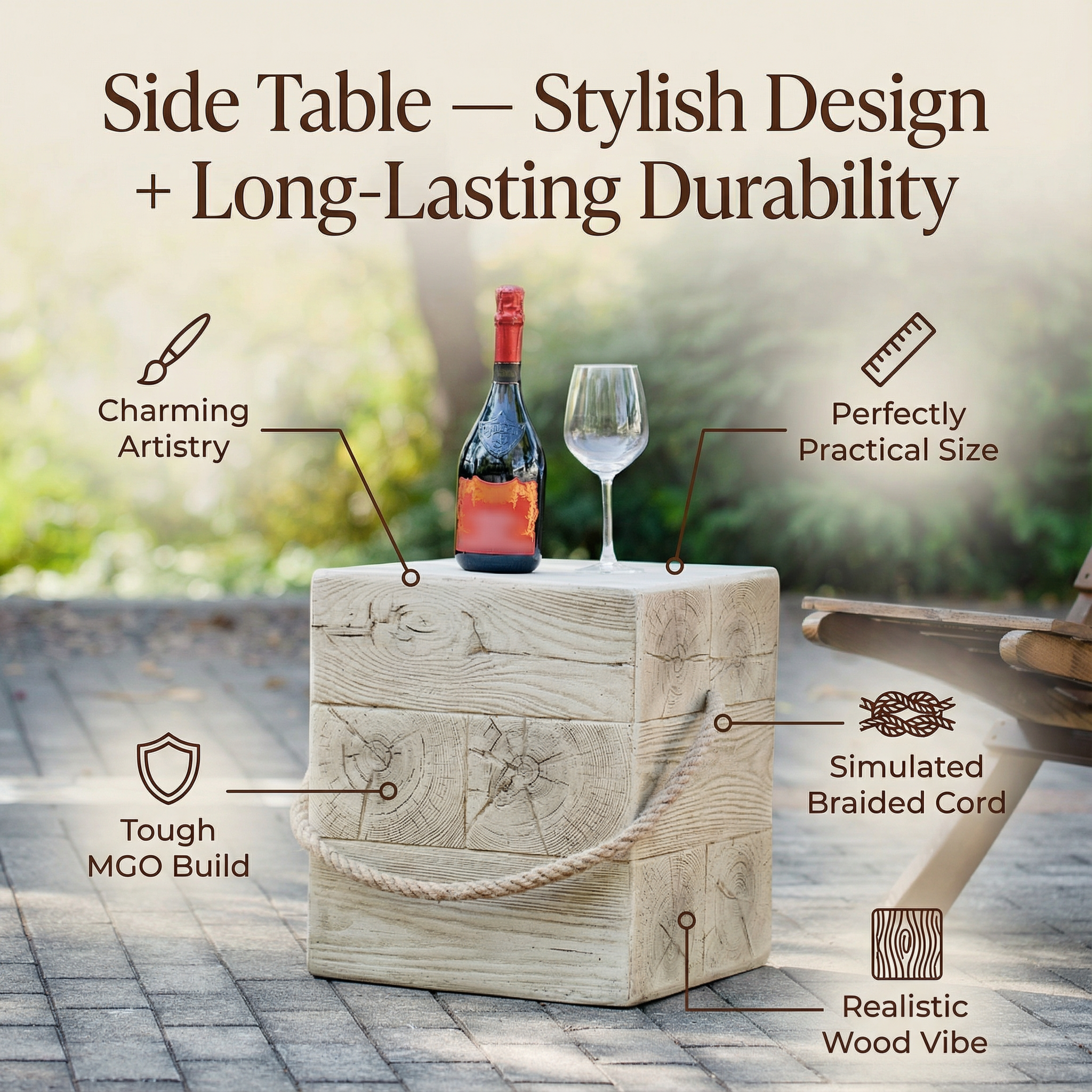Outdoor Wood Grain Square MGO Side Table with Simulated Braided Cord by HouseOfZazla