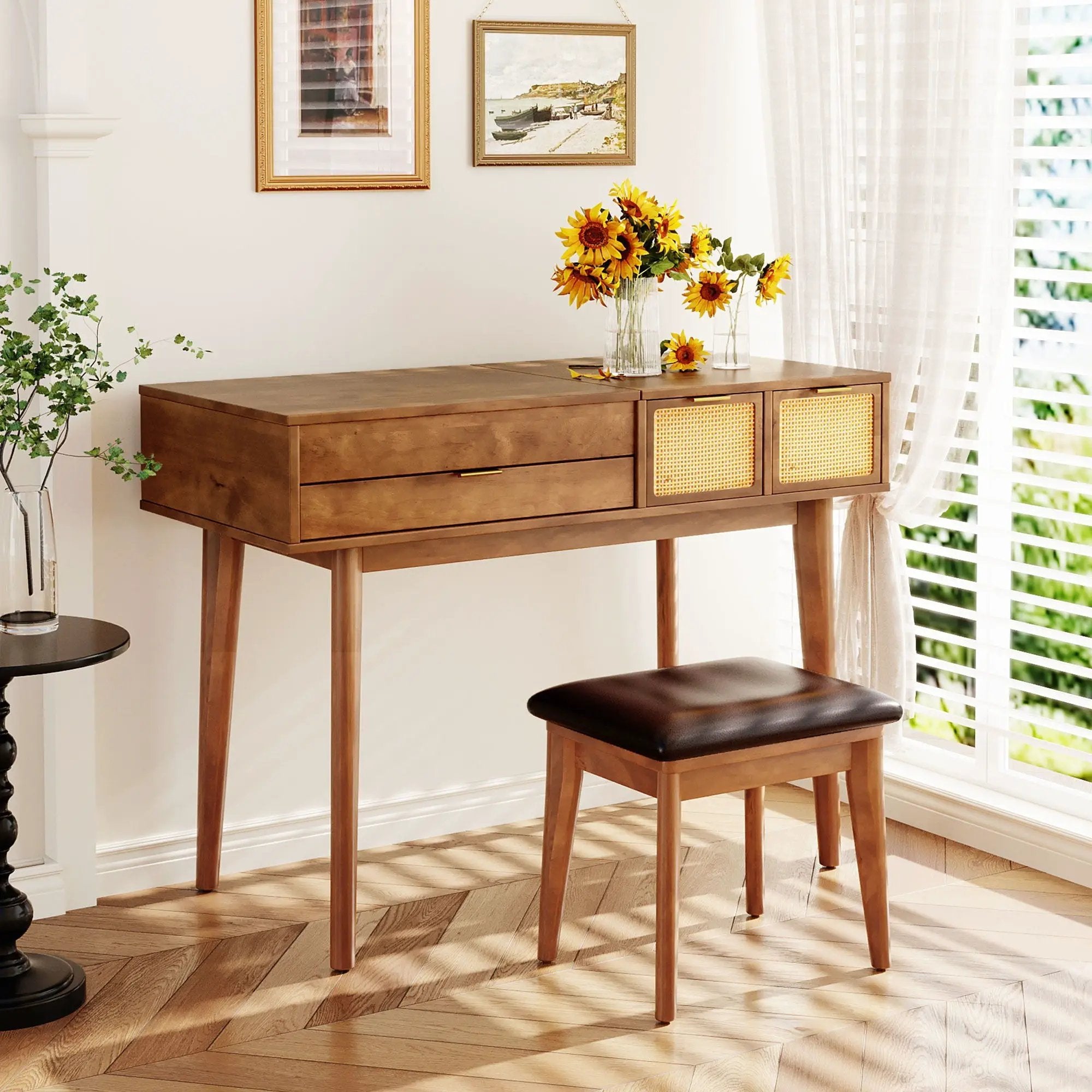 Classic Wood Makeup Vanity Set With Flip-Top Mirror And Stool, Dressing Table With Three Drawers And Storage Space by Unique Piece Furniture