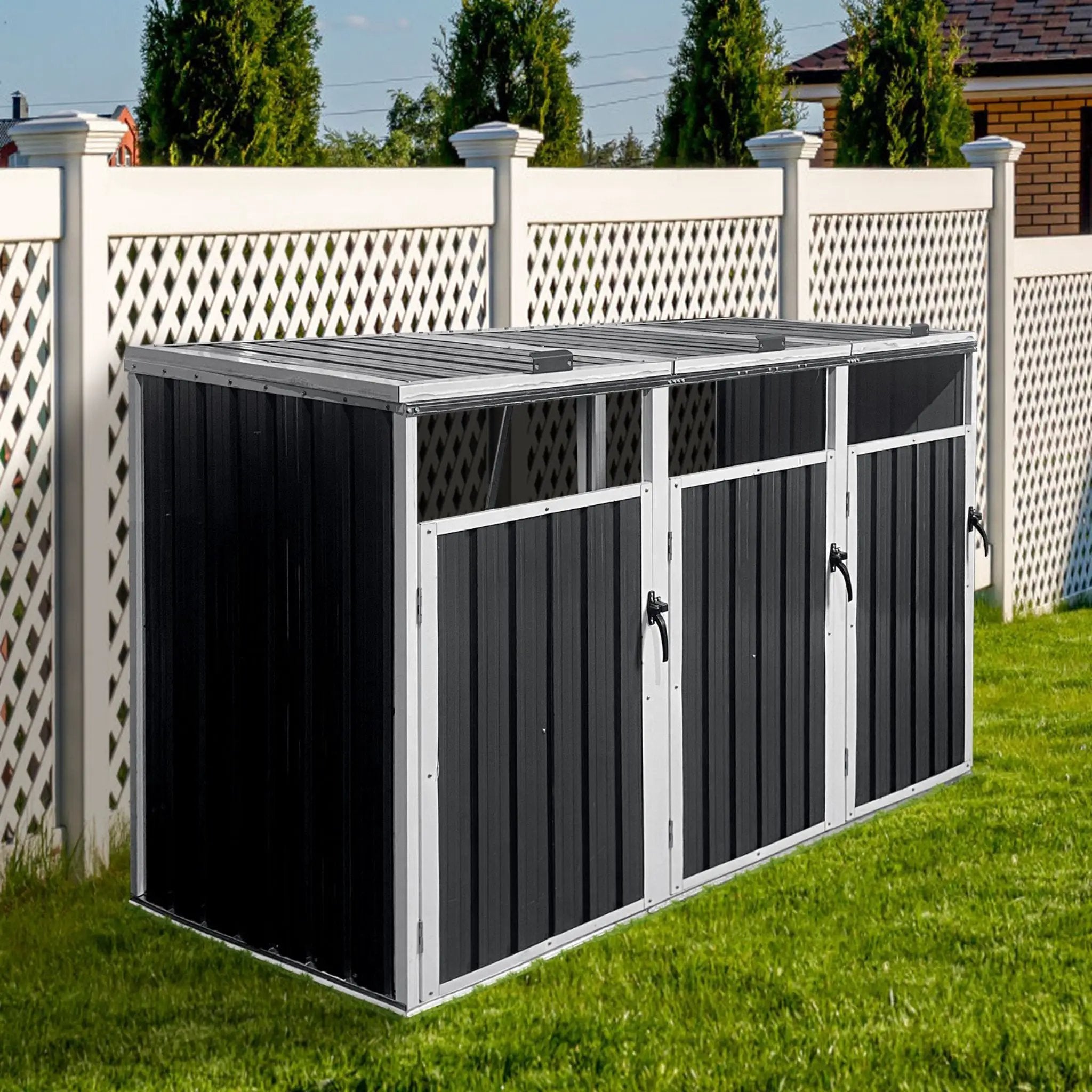 87-Inch Extra Large Heavy-Duty Outdoor Metal Garbage Bin Shed For 3 Trash Cans (SAK34981) by SAKSBY WHOLESALE