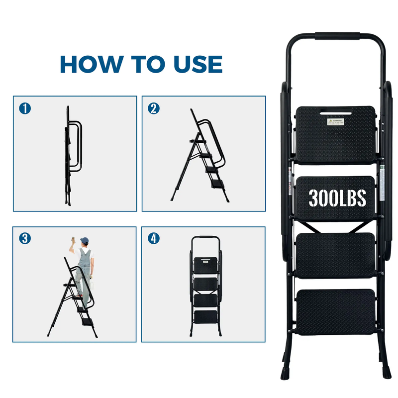 4 Step Folding Steel Ladder with Anti-Slip Pedals and Handrail by HouseOfZazla