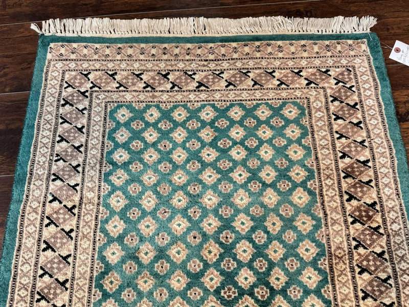Long Pakistani Runner Rug 2.8 x 20, Hand Knotted Vintage Wool Hallway Rug, Turkoman Rug, Teal and Tan, Handmade Vintage Wool Runner by Jewel Rugs
