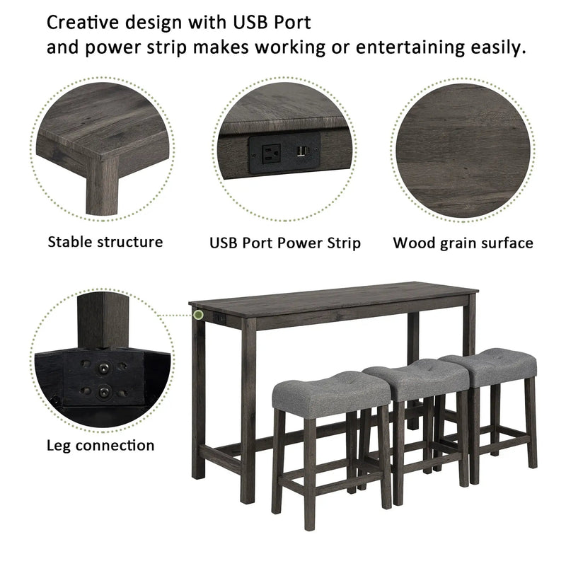 4 Piece Bar Table Set With Power Outlet, 3 Padded Stools by Unique Piece Furniture