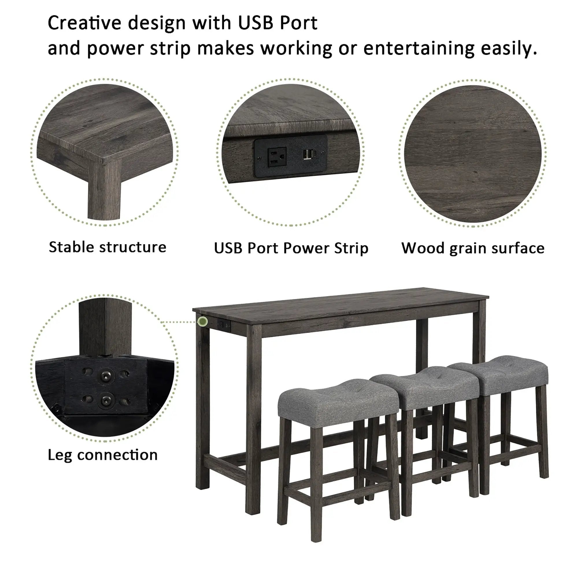 4 Piece Bar Table Set With Power Outlet, 3 Padded Stools by HouseOfZazla