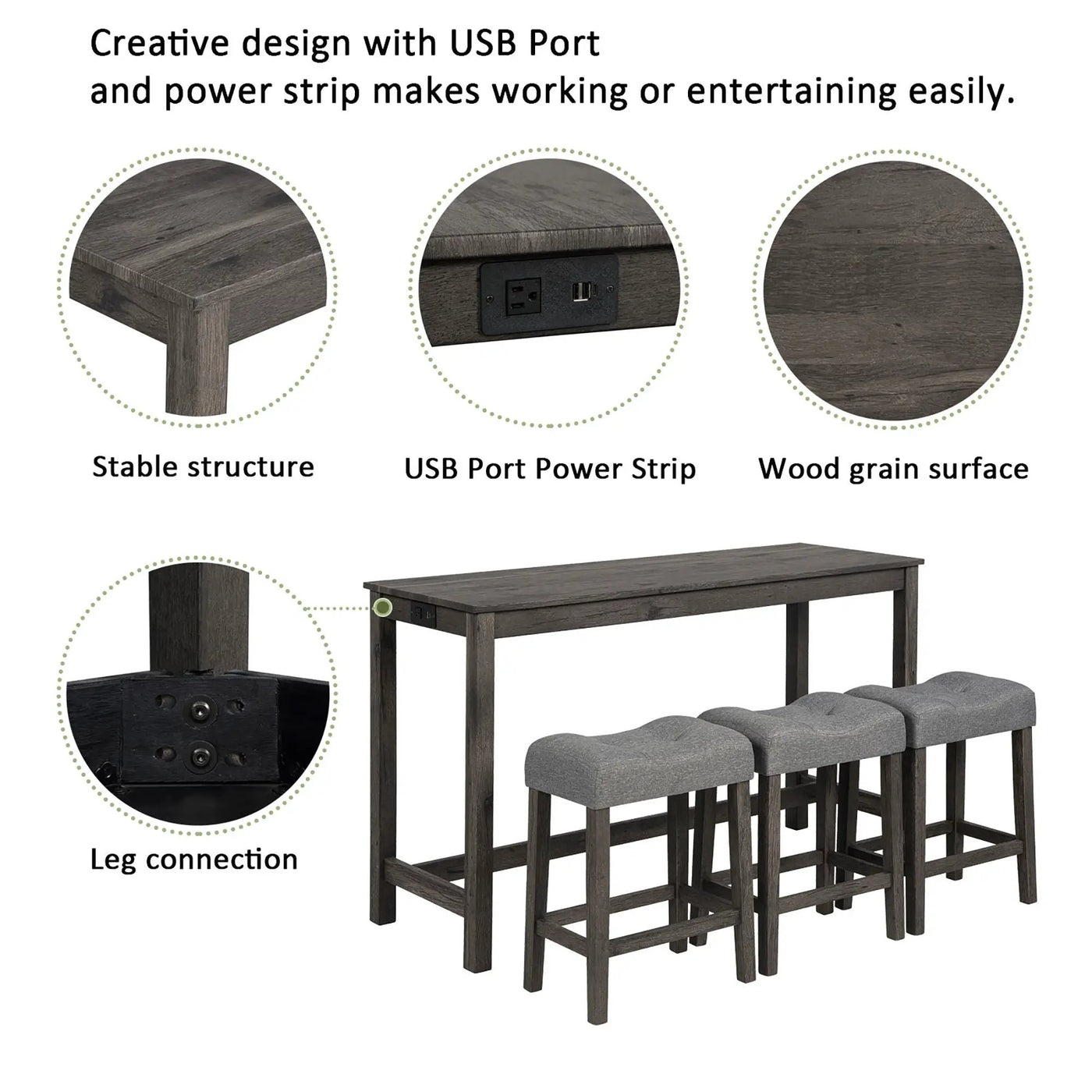 4 Piece Bar Table Set With Power Outlet, 3 Padded Stools by Unique Piece Furniture
