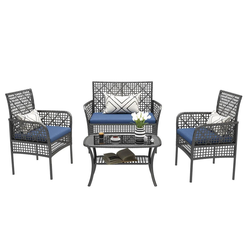 4 Pieces Rattan Wicker Chairs With Tempered Glass Table And Cushions by HouseOfZazla