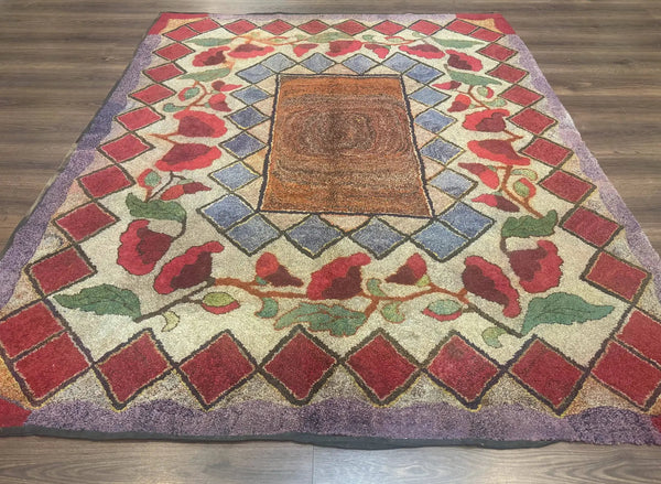 Vintage American Hooked Rug 6x7, Unique Colors, Red Lavender Cream, Abstract, photo 2 of 12