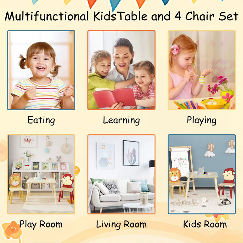 Kids Table And 2 Chairs Set, 3 Pieces Toddler Table And Chair Set, Wooden Activity Play Table Set (Lion&Monkey) - Natural by HouseOfZazla